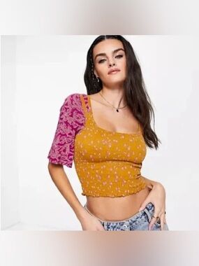 Free People Marigold Smocked Crop smocked Top boho Gypsy hippie festival size L